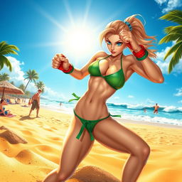 A dynamic scene of Street Fighter character Cammy in a stylish green bikini, energetically boxing on a sunny beach