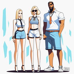 A high-resolution digital art piece showcasing a petite blonde woman in a tie-up crop top, shorts, and necklace standing next to a much taller man in casual wear