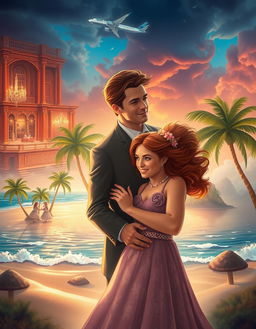 An enchanting scene illustrating the romantic journey of Dave and Rose from their first meeting at a glamorous auction to building a jewelry empire and eventually purchasing a breathtaking secluded island