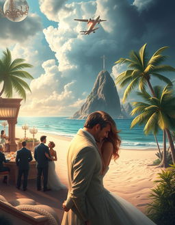 An enchanting scene illustrating the romantic journey of Dave and Rose from their first meeting at a glamorous auction to building a jewelry empire and eventually purchasing a breathtaking secluded island