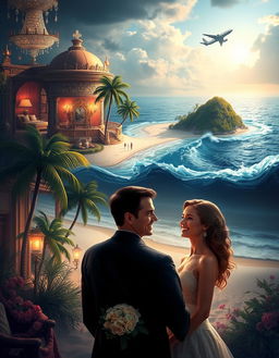 An enchanting scene illustrating the romantic journey of Dave and Rose from their first meeting at a glamorous auction to building a jewelry empire and eventually purchasing a breathtaking secluded island
