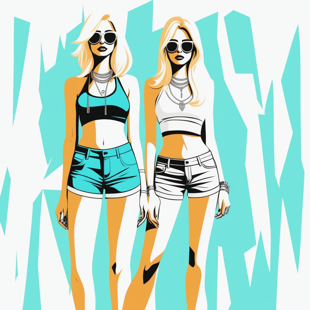 A high-resolution digital art piece showcasing a petite blonde woman in a tie-up crop top, shorts, and necklace standing next to a much taller girl in casual wear