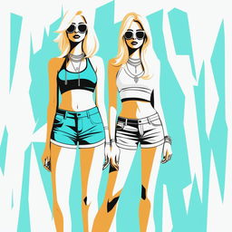 A high-resolution digital art piece showcasing a petite blonde woman in a tie-up crop top, shorts, and necklace standing next to a much taller girl in casual wear