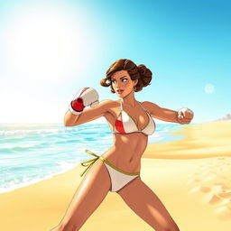 A dynamic and imaginative scene featuring a confident female figure resembling Princess Leia, engaging in a fun boxing match on a beach