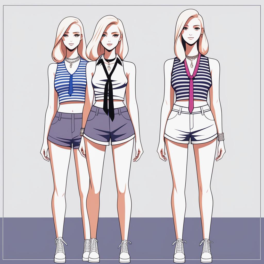 A high-resolution digital art piece showcasing a petite blonde woman in a tie-up crop top, shorts, and necklace standing next to a much taller girl in casual wear