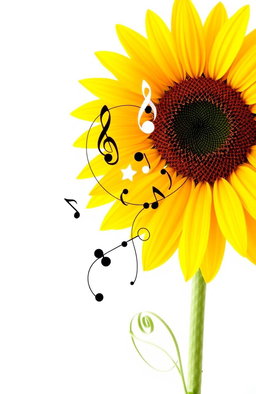 A vibrant sunflower with musical notes elegantly intertwined as its stem, set against a clean white background