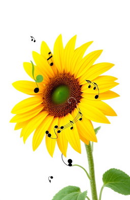 A vibrant sunflower with musical notes elegantly intertwined as its stem, set against a clean white background