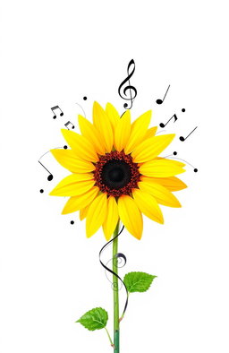 A vibrant sunflower with musical notes elegantly intertwined as its stem, set against a clean white background