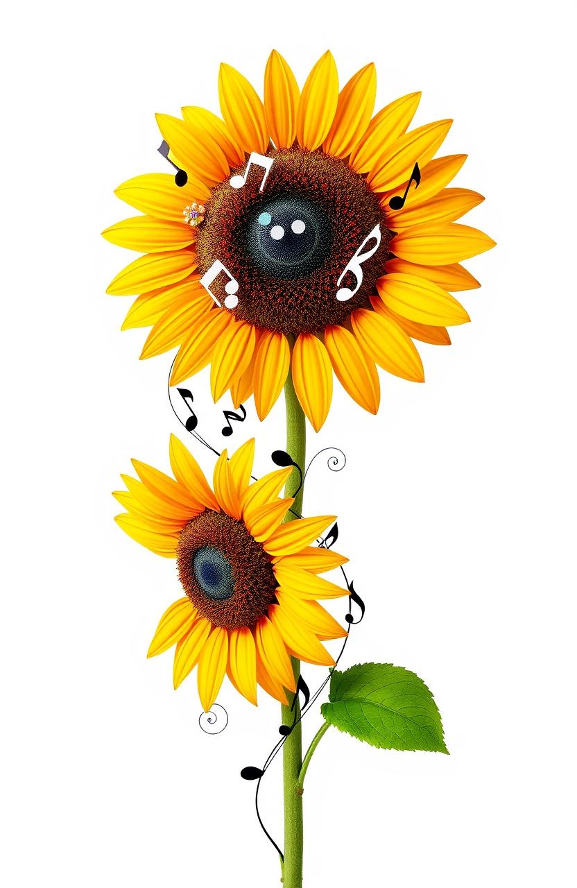 A vibrant sunflower with musical notes elegantly intertwined as its stem, set against a clean white background