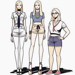 A high-resolution digital art piece showcasing a petite blonde woman in a tie-up crop top, shorts, and necklace standing next to a much taller girl in casual wear