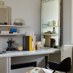 A spacious study table with a large mirror hanging above it, and a sleek TV unit nearby filled with books and decorative items.