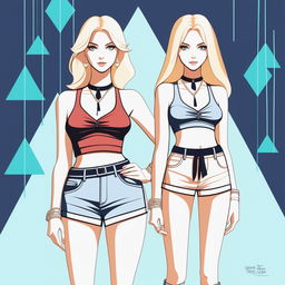 A high-resolution digital art piece showcasing a petite blonde woman in a tie-up crop top, shorts, and necklace standing next to a much taller girl in casual wear