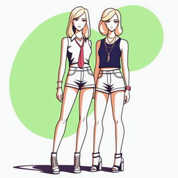 A high-resolution digital art piece showcasing a petite blonde woman in a tie-up crop top, shorts, and necklace standing next to a taller girl in casual wear