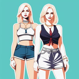 A high-resolution digital art piece showcasing a petite blonde woman in a tie-up crop top, shorts, and necklace standing next to a taller girl in casual wear