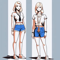 A high-resolution digital art piece showcasing a petite blonde woman in a tie-up crop top, shorts, and necklace standing next to a taller girl in casual wear