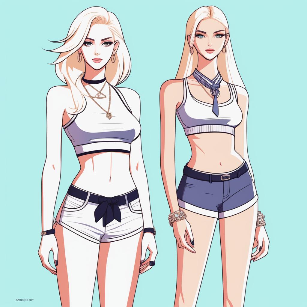 A high-resolution digital art piece showcasing a petite blonde woman in a tie-up crop top, shorts, and necklace standing next to a taller girl in casual wear