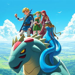 Link, Zelda, and Mipha the Zora gathered on top of the majestic Divine Beast Vah Ruta