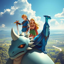 Link, Zelda, and Mipha the Zora gathered on top of the majestic Divine Beast Vah Ruta