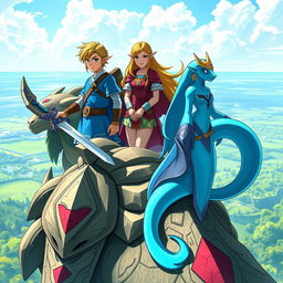 Link, Zelda, and Mipha the Zora gathered on top of the majestic Divine Beast Vah Ruta