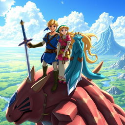 Link, Zelda, and Mipha the Zora gathered on top of the majestic Divine Beast Vah Ruta