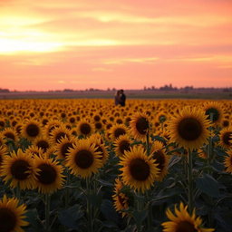 A breathtaking view of a vast sunflower field bathed in the warm hues of sunset