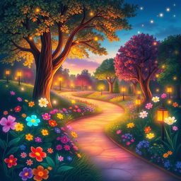 An illustration of a vibrant park filled with aesthetically glowing colors and enchanting elements