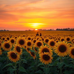 A breathtaking view of a vast sunflower field bathed in the warm hues of sunset