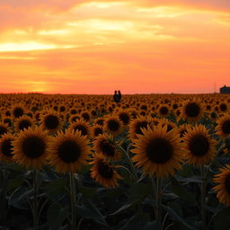 A breathtaking view of a vast sunflower field bathed in the warm hues of sunset