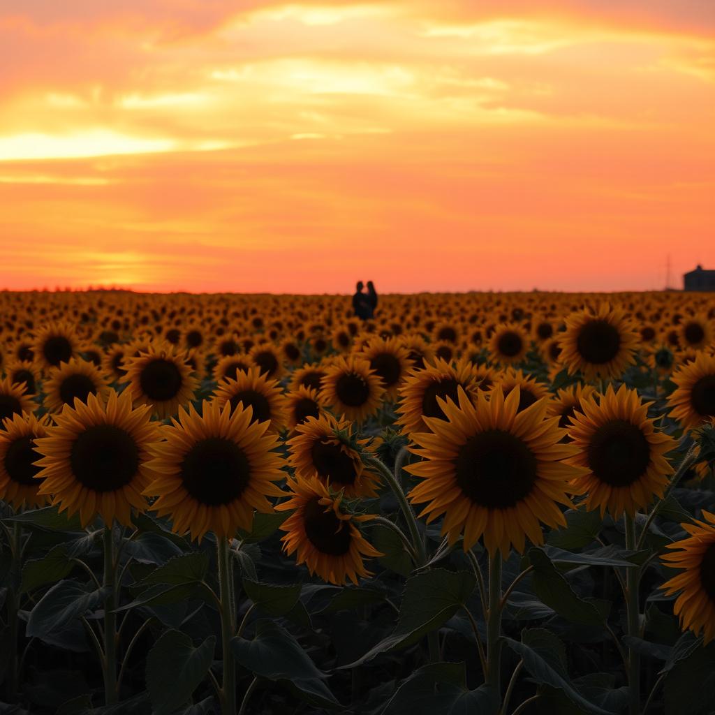 A breathtaking view of a vast sunflower field bathed in the warm hues of sunset