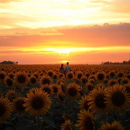 A breathtaking view of a vast sunflower field bathed in the warm hues of sunset