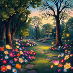 An illustration of a vibrant park filled with aesthetically glowing colors and enchanting elements