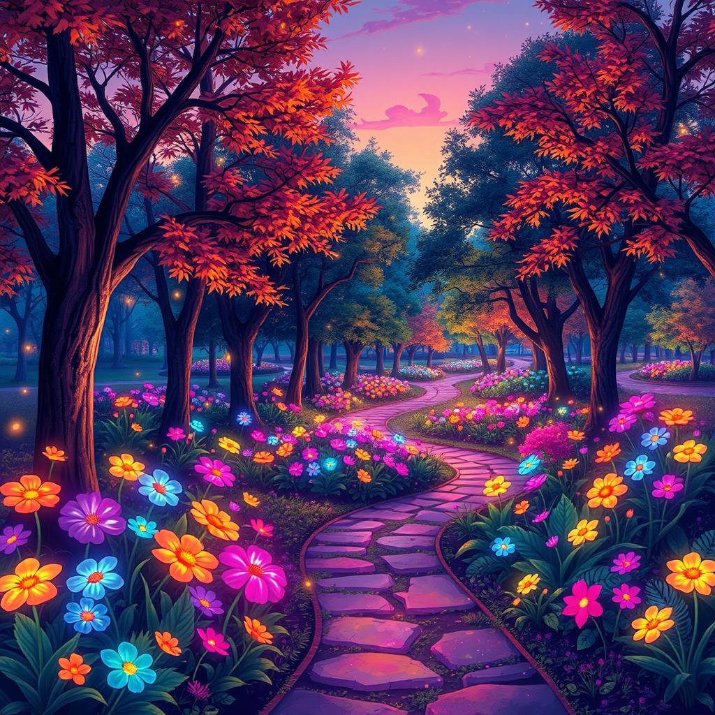 An illustration of a vibrant park filled with aesthetically glowing colors and enchanting elements