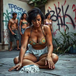 A sad brunette mature maid in a colorful bikini, sitting on the floor scrubbing with a weary expression