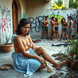 A sad brunette mature maid in a colorful bikini, sitting on the floor scrubbing with a weary expression