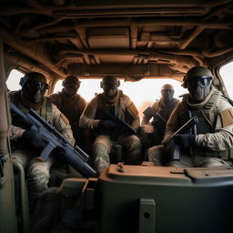 5 combatants in military fatigue and skeleton face masks and armed with assault rifles in a rugged terrain vehicle, one combatant is wearing a radio, while another combatant is sporting a missile launcher