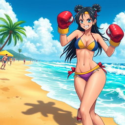 A dynamic scene featuring Nico Robin, a character from the anime One Piece, engaged in a fun beach boxing match