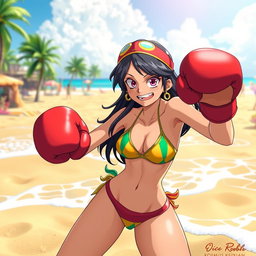 A dynamic scene featuring Nico Robin, a character from the anime One Piece, engaged in a fun beach boxing match
