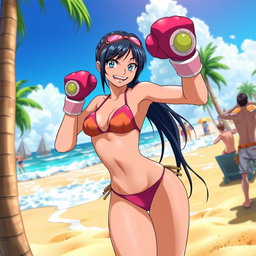 A dynamic scene featuring Nico Robin, a character from the anime One Piece, engaged in a fun beach boxing match
