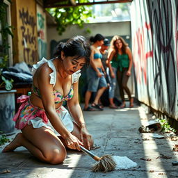 A sad brunette mature maid in a colorful bikini, kneeling on the floor scrubbing with a forlorn expression