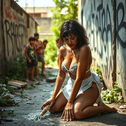 A sad brunette mature maid in a colorful bikini, kneeling on the floor scrubbing with a downcast expression, conveying a sense of defeat