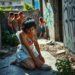 A sad brunette mature maid in a colorful bikini, kneeling on the floor scrubbing with a downcast expression, conveying a sense of defeat