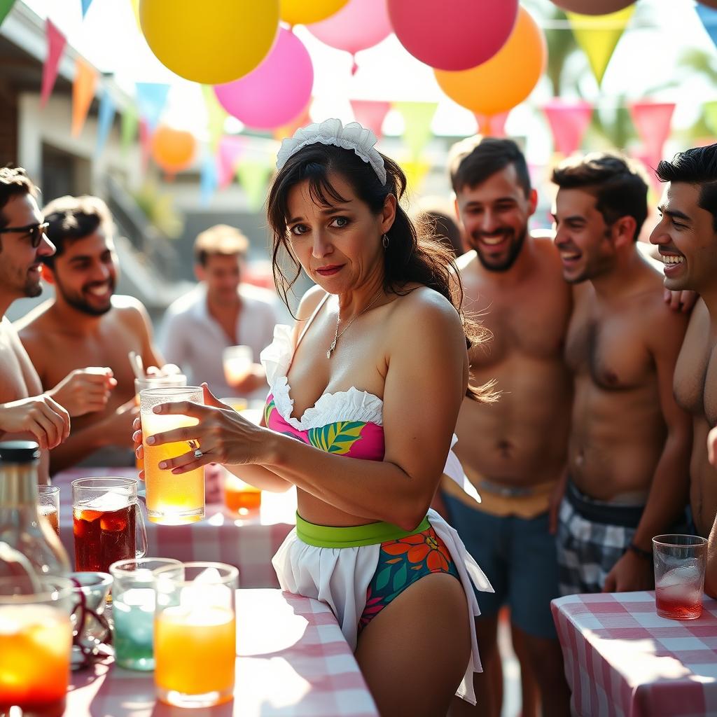 A sad brunette mature maid in a colorful bikini, serving drinks at a lively outdoor party surrounded by a group of boisterous young bullies
