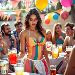 A sad brunette mature maid in a colorful bikini, serving drinks at a lively outdoor party surrounded by a group of boisterous young bullies