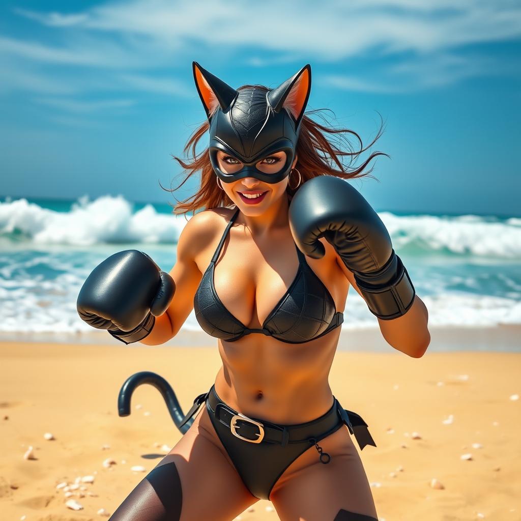 A dynamic scene of a fierce and athletic Catwoman on a sunny beach, wearing a stylish bikini and boxing gloves