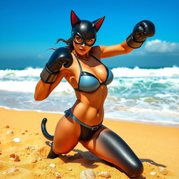A dynamic scene of a fierce and athletic Catwoman on a sunny beach, wearing a stylish bikini and boxing gloves
