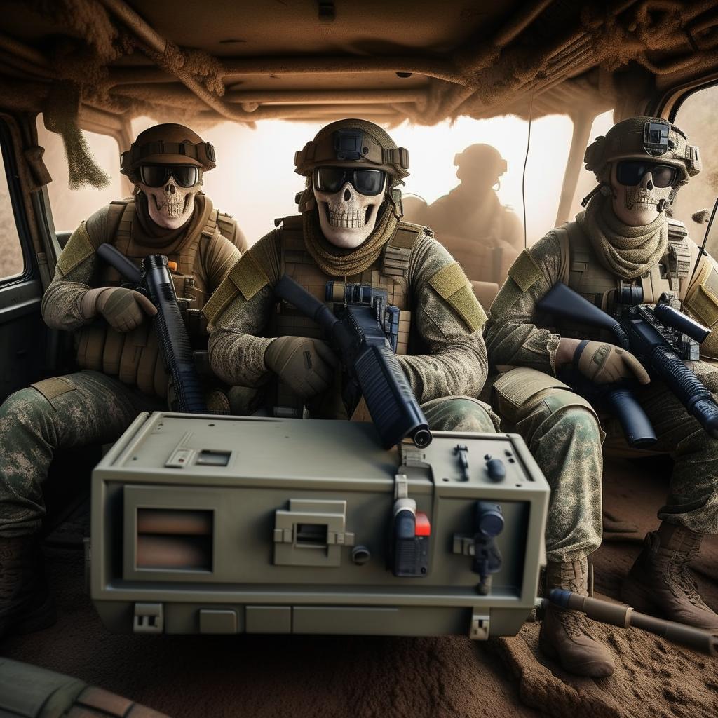 5 combatants in military fatigue and skeleton face masks and armed with assault rifles in a rugged terrain vehicle, one combatant is wearing a radio, while another combatant is sporting a missile launcher