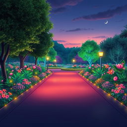 An illustration of a wide pathway through a vibrant park filled with aesthetically glowing colors