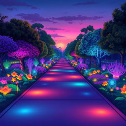An illustration of a wide pathway through a vibrant park filled with aesthetically glowing colors