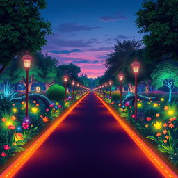 An illustration of a wide pathway through a vibrant park filled with aesthetically glowing colors