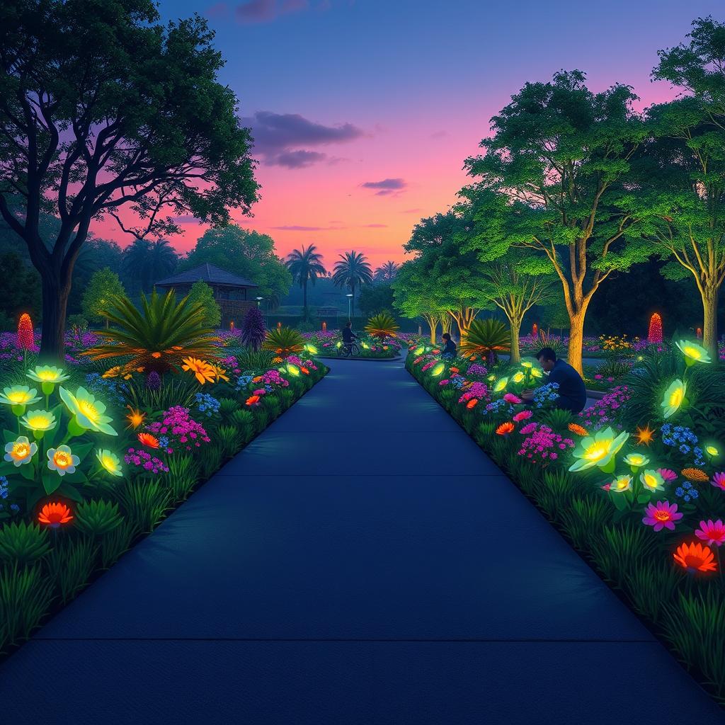 An illustration of a wide pathway through a vibrant park filled with aesthetically glowing colors